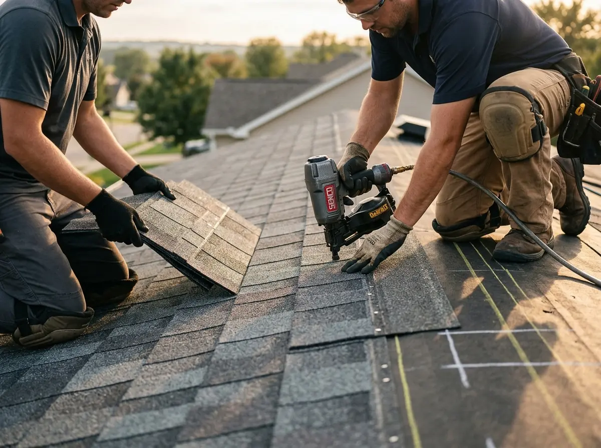Professional roofer working on a residential roof in Thompson's Station